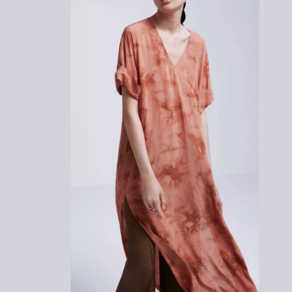 Zara terracotta burnt orange tie dye tunic muni midi maxi dress XS NBW